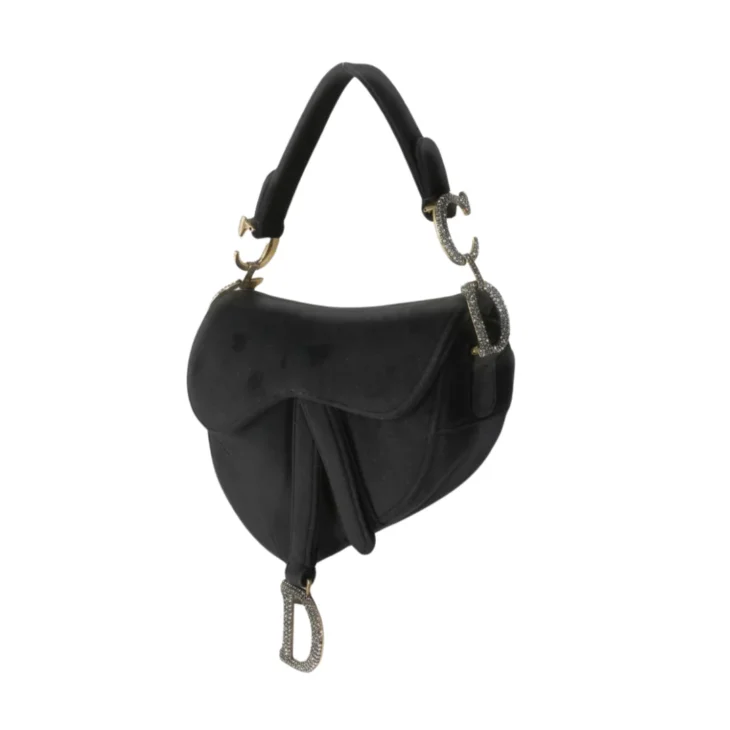 Dior Black Velvet Mini Crystal Embellished Saddle Bag