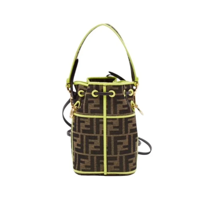 Fendi Brown/Neon Green Zucca Canvas and Leather Mini Mon Tresor Drawstring Bucket Bag - Image 4