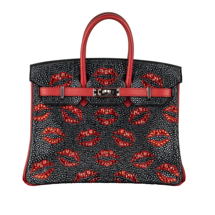 Hermes Birkin 30CM Swarovski Crystal Black Birkin Bag with Red Lips Design