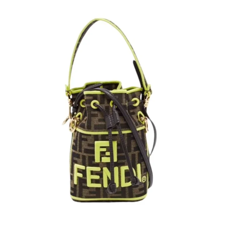 Fendi Brown/Neon Green Zucca Canvas and Leather Mini Mon Tresor Drawstring Bucket Bag