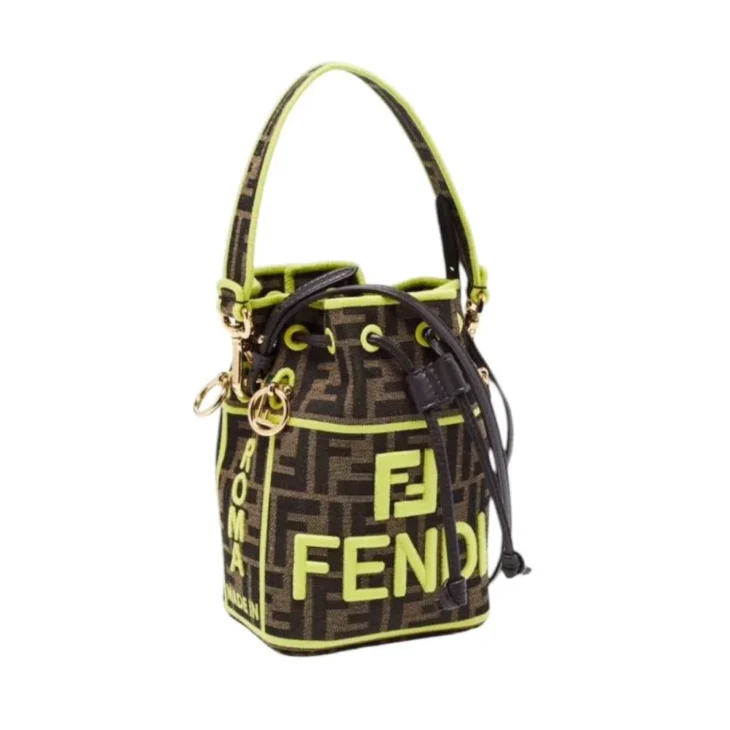 Fendi Brown/Neon Green Zucca Canvas and Leather Mini Mon Tresor Drawstring Bucket Bag - Image 3