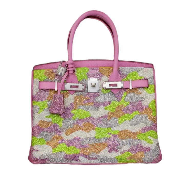 HERMES BIRKIN 30CM, PINK GOLD  CUSTOMISED WITH SWAROVSKI CRYSTAL IN CAMOUFLAGE PATTERN