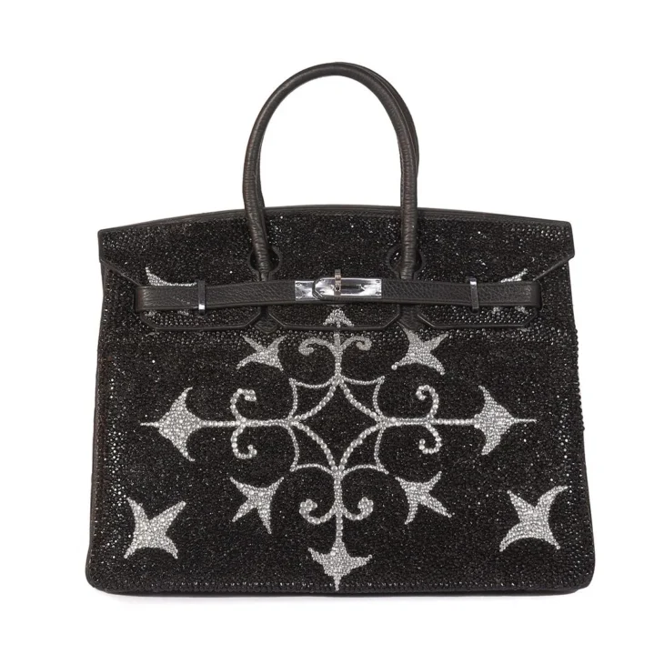 Hermes Birkin 35 Black, French Art Pattern Swarovski Crystals