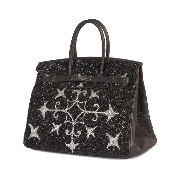 Hermes Birkin 35 Black, French Art Pattern Swarovski Crystals - Image 2