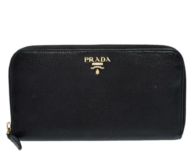 Prada Black Vitello Daino Leather Zip Around Wallet