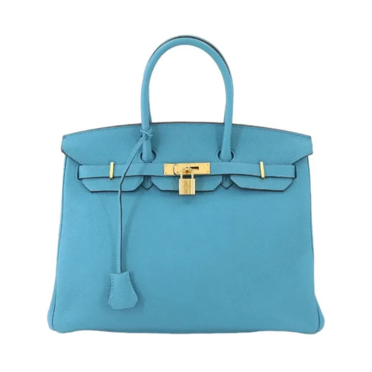 Hermes Birkin 30 hand bag blue turquoise gold metal