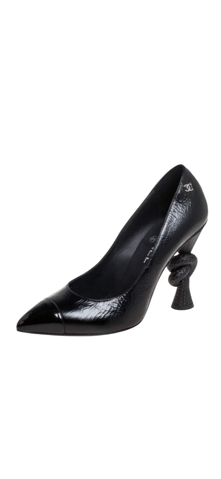 Chanel Black Leather And Patent Leather Knot Heel Cap Toe Pumps Size 39