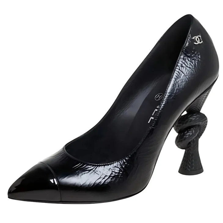 Chanel Black Leather And Patent Leather Knot Heel Cap Toe Pumps Size 39