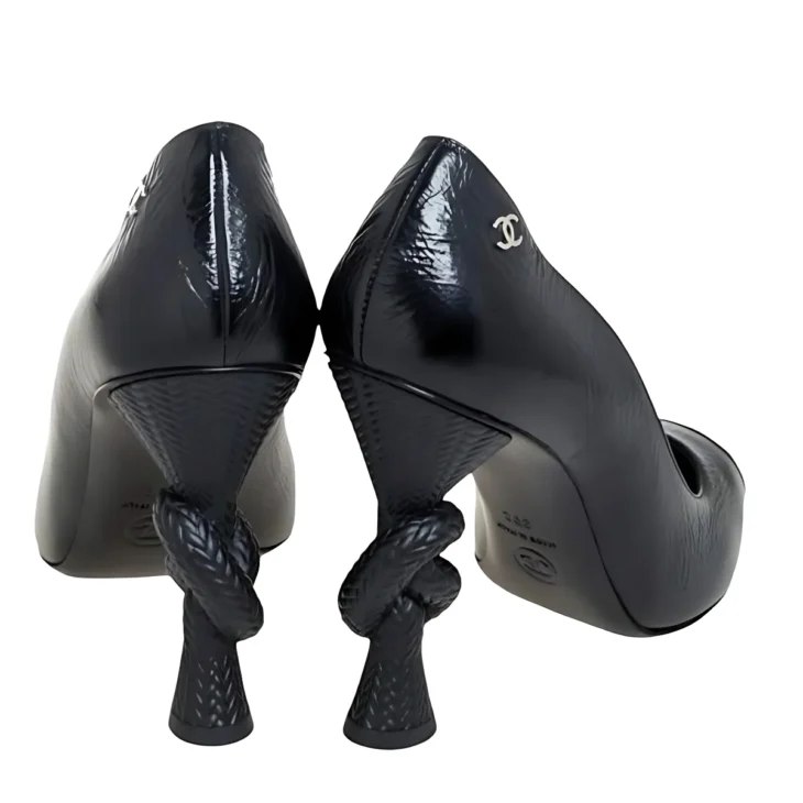 Chanel Black Leather And Patent Leather Knot Heel Cap Toe Pumps Size 39 - Image 2