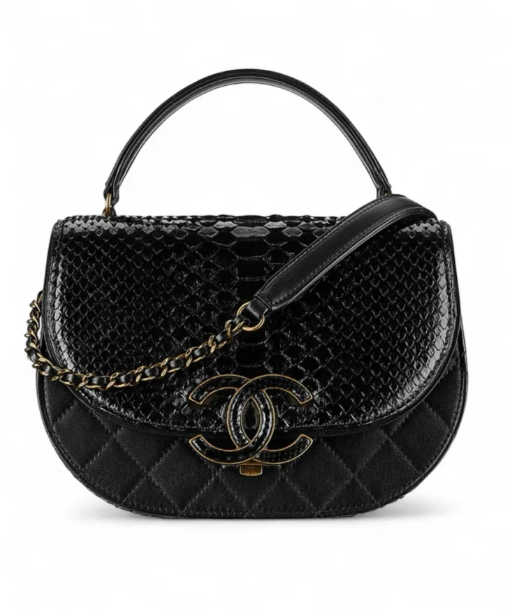 Chanel Black Snakeskin Exotic Leather CC Small Top Handle Satchel Shoulder Bag
