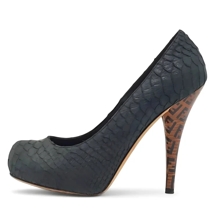 Fendi Black Python Embossed Leather FF Logo Heel Platform Pumps - Image 3