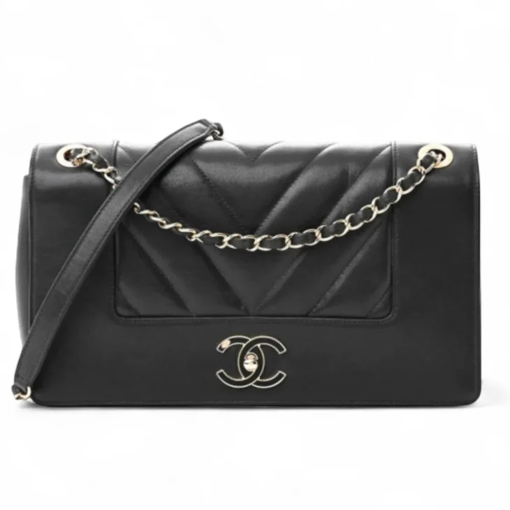 CHANEL Sheepskin Chevron Quilted Vintage Mademoiselle Flap Black