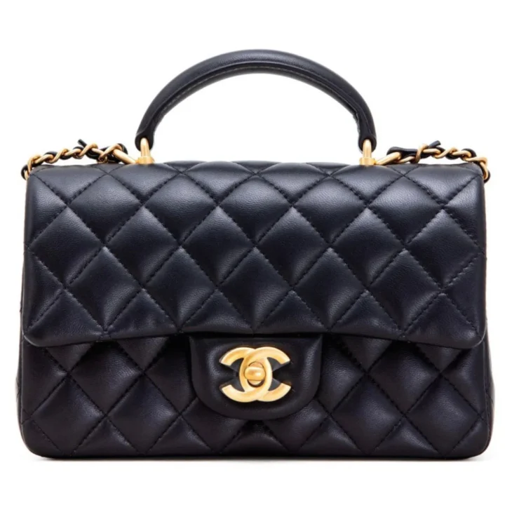 Chanel Black Quilted Lambskin Mini Flap with Top Handle Gold Hardware