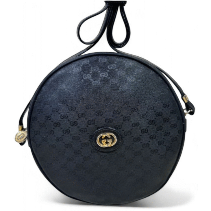 Vintage Gucci Designer Crossbody Canteen Bag GG Round Black/Gold - Image 3