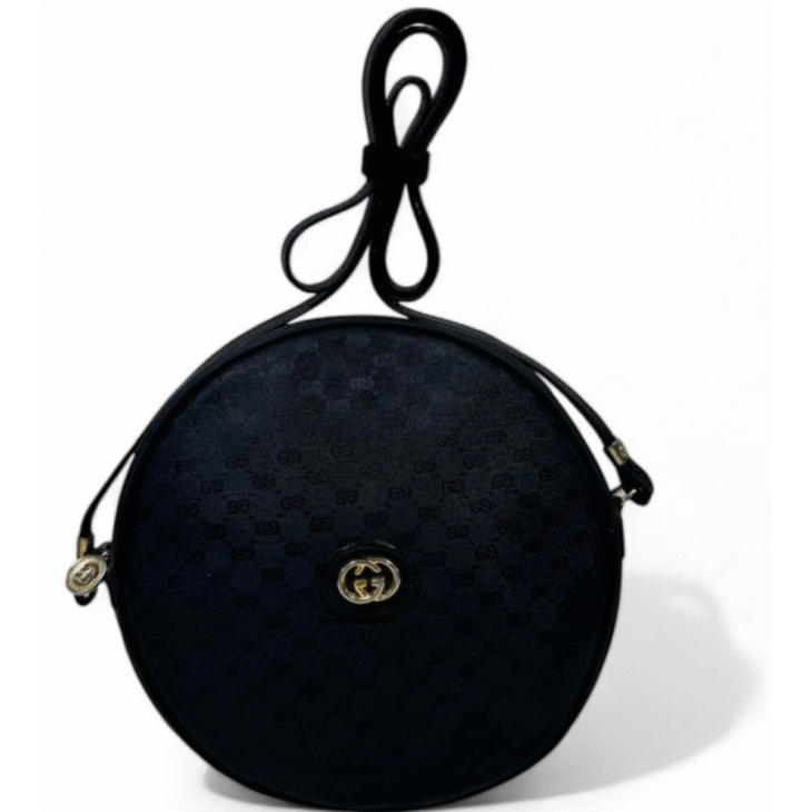 Vintage Gucci Designer Crossbody Canteen Bag GG Round Black/Gold