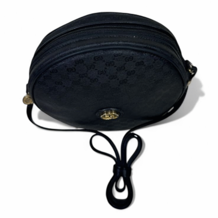 Vintage Gucci Designer Crossbody Canteen Bag GG Round Black/Gold - Image 2