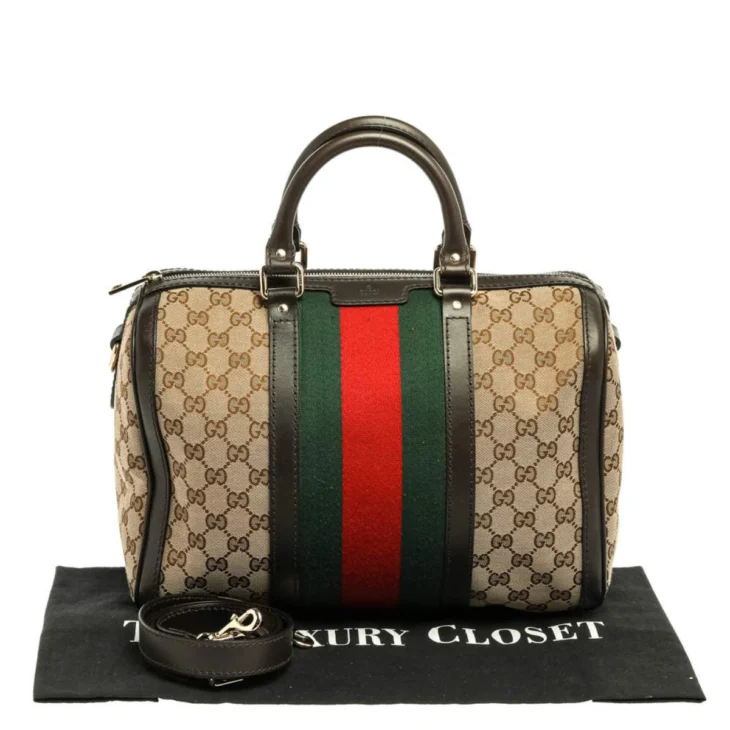 Gucci Beige/Brown GG Canvas and Leather Medium Vintage Web Boston Bag - Image 4