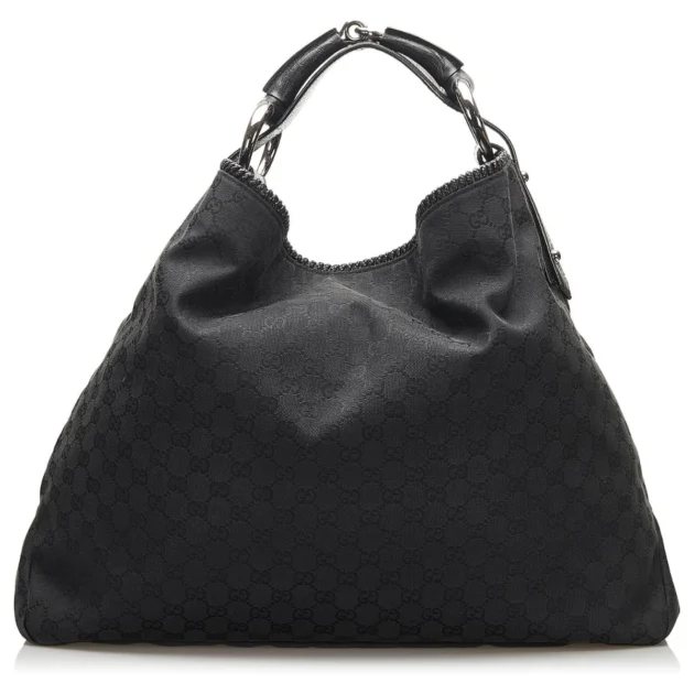 Gucci Black Large Horsebit GG Canvas Hobo Bag