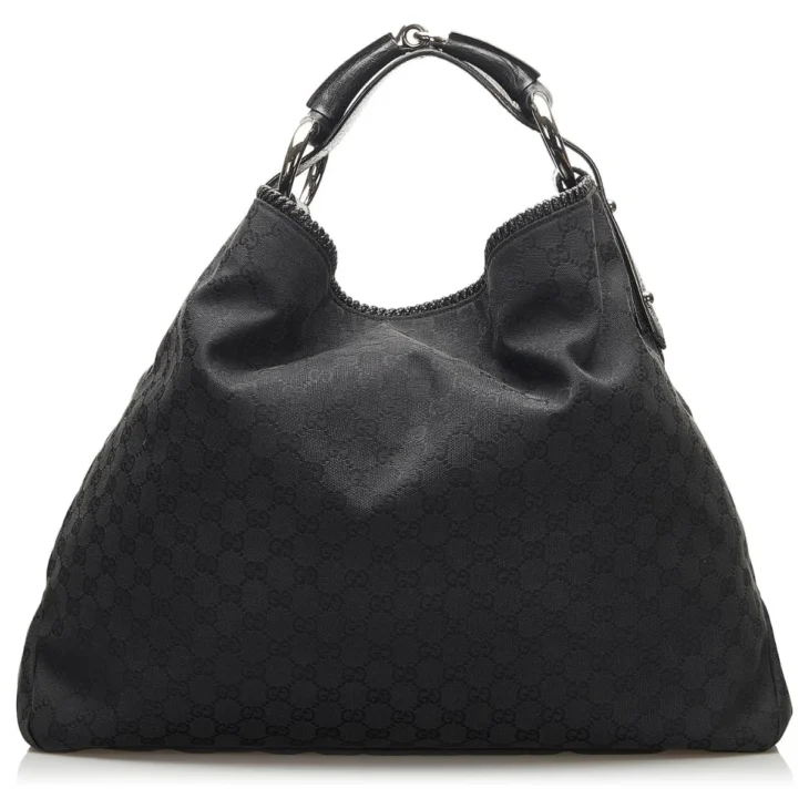 Gucci Black Large Horsebit GG Canvas Hobo Bag